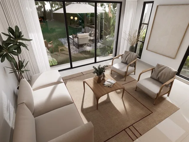 Sala-comedor con vista al jardín